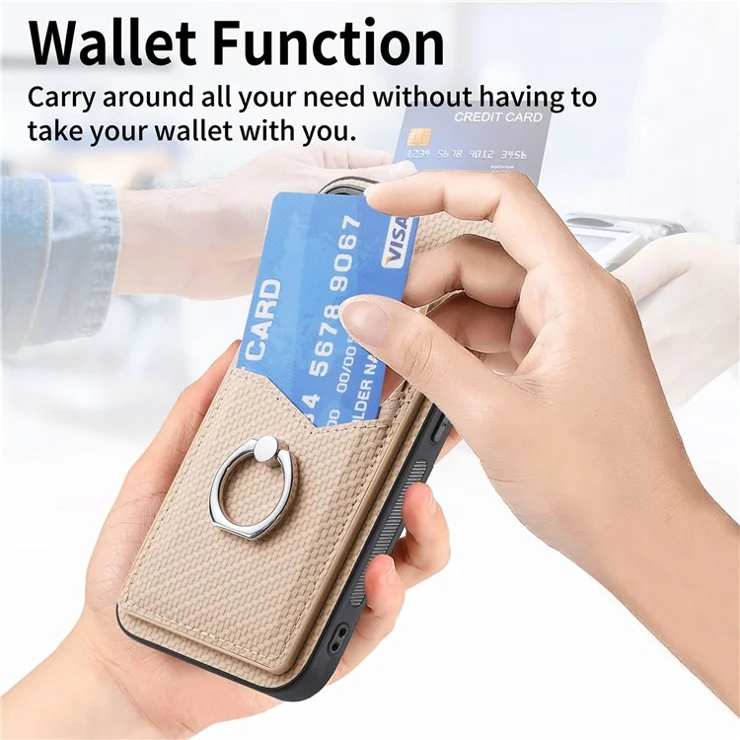 For iPhone 13 6.1 inch Case Carbon Fiber Texture Kickstand Phone Cover with Card Slots - Apricot