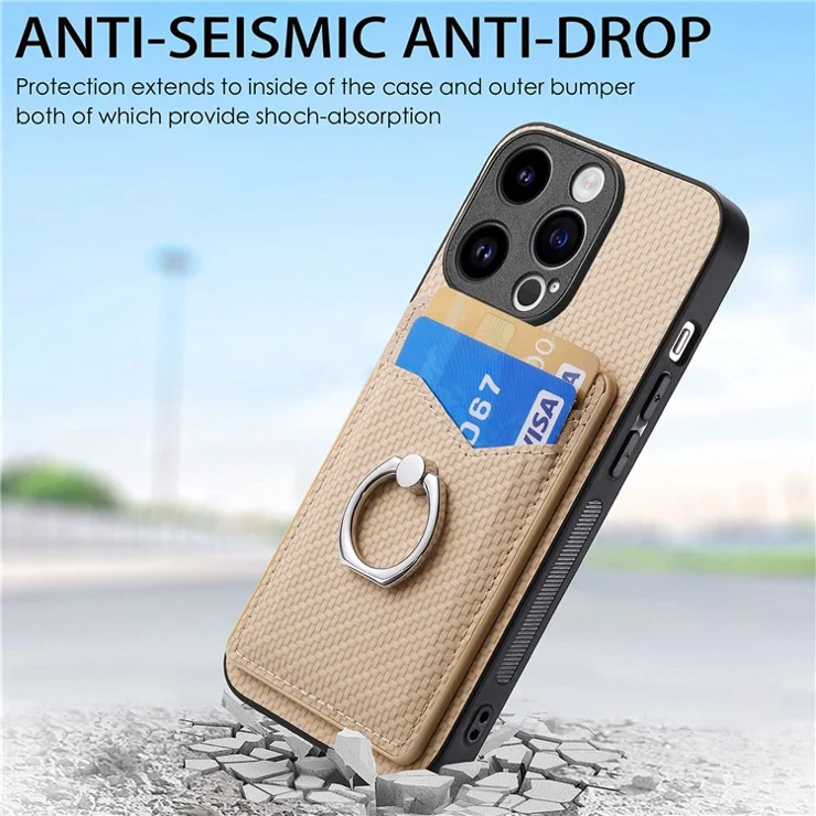 For iPhone 13 Pro Max Kickstand Case Leather+PC+TPU Card Holder Phone Cover - Apricot