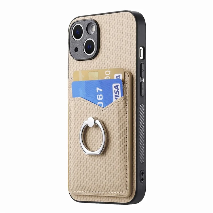 For iPhone 14 Case Carbon Fiber PU Card Slots Phone Cover with Kickstand - Beige