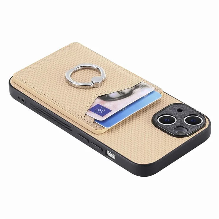 For iPhone 14 Case Carbon Fiber PU Card Slots Phone Cover with Kickstand - Beige