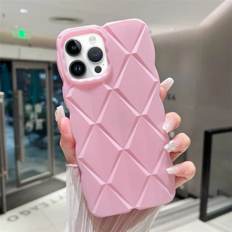 For iPhone 14 Pro Max TPU Case Rhombus Grid Shockproof Back Phone Cover - Pink