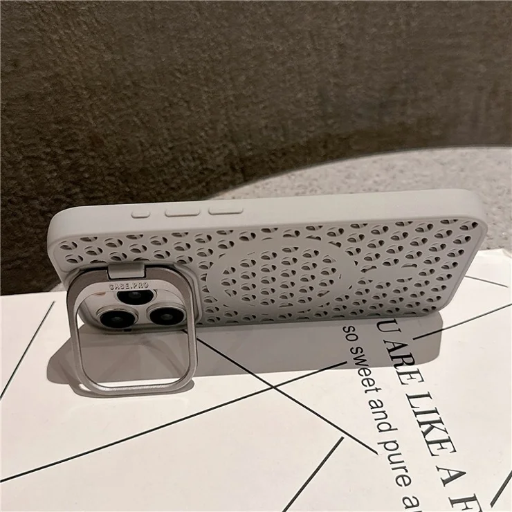 For iPhone 13 Pro 6.1 inch Magnetic Phone Case Breathable TPU+PC Cover with Foldable Lens Kickstand - Orange