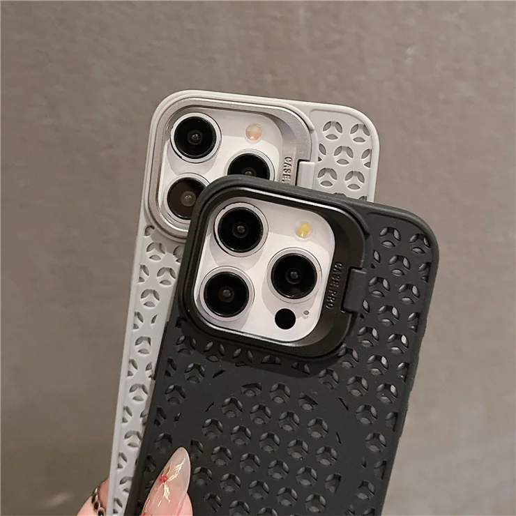 For iPhone 13 Pro 6.1 inch Magnetic Phone Case Breathable TPU+PC Cover with Foldable Lens Kickstand - Orange