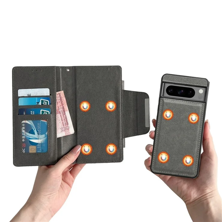 For Google Pixel 9 / Pixel 9 Pro Wallet Case Detachable 2-in-1 Design Leather Phone Stand Cover - Grey