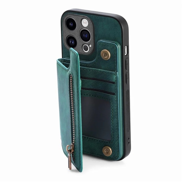 D15 For iPhone 15 Pro Case Retro Leather+TPU Anti-drop Zipper Pocket Phone Kickstand Cover - Green