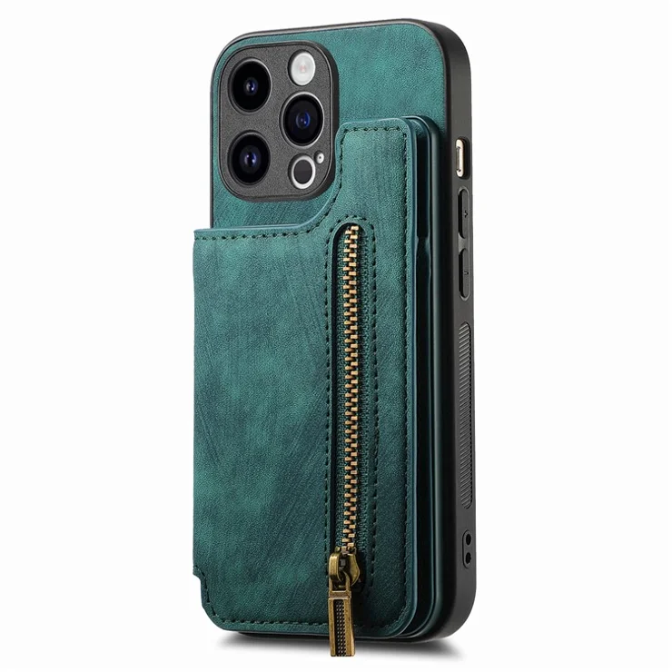 D15 For iPhone 15 Pro Case Retro Leather+TPU Anti-drop Zipper Pocket Phone Kickstand Cover - Green