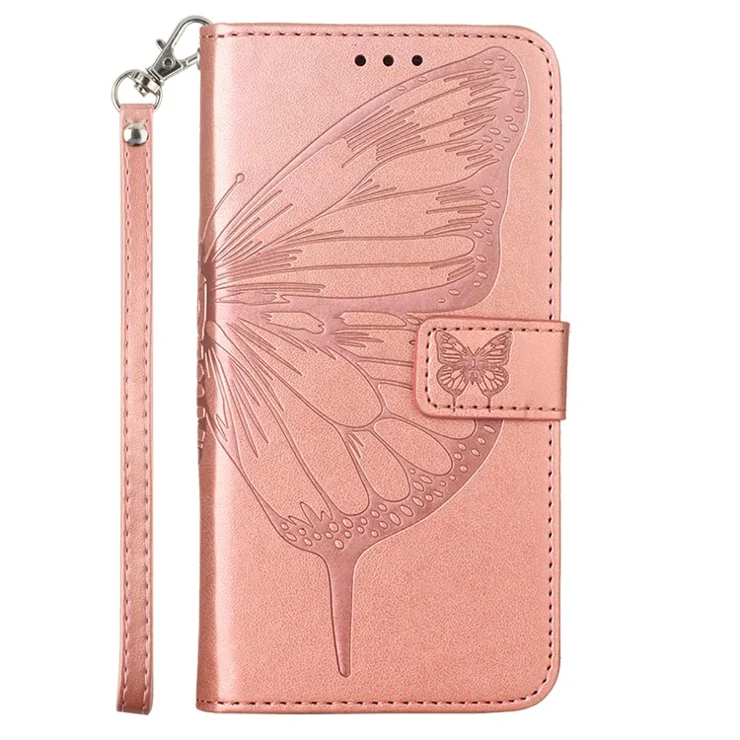 For iPhone 16e Wallet Case with Wrist Strap Butterfly Imprint Leather Phone Cover - Rose Gold