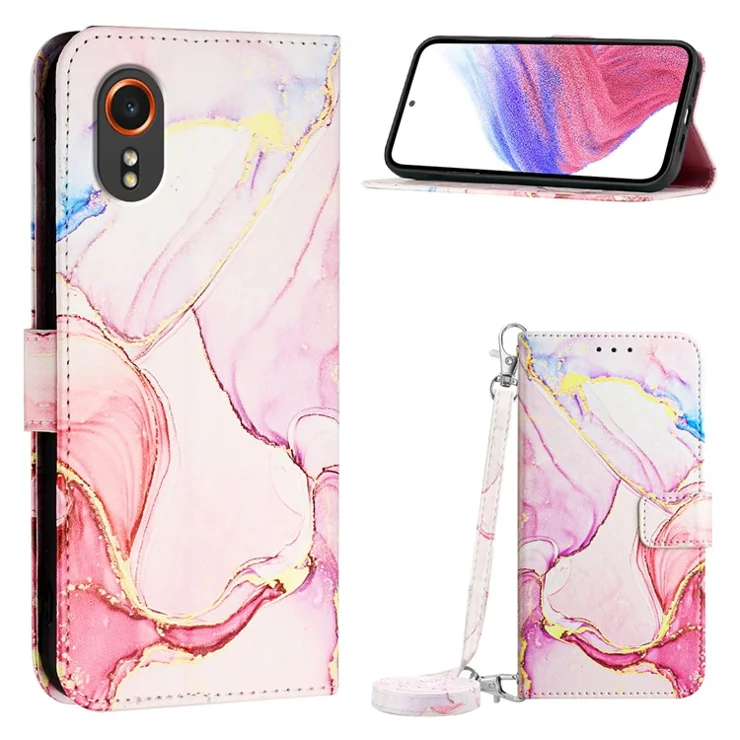 For Samsung Galaxy Xcover7 Leather Case with Shoulder Strap Marble Pattern Phone Stand Cover - Rose Gold LS005