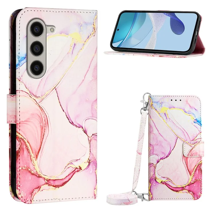 For Samsung Galaxy Z Fold6 5G Leather Case with Shoulder Strap Marble Pattern Phone Stand Cover - Rose Gold LS005