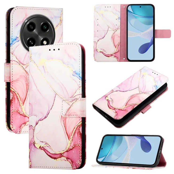 For Oppo A2 Pro 5G / A3 Pro (China) 5G Leather Case with Shoulder Strap Marble Pattern Phone Stand Cover - Rose Gold LS005