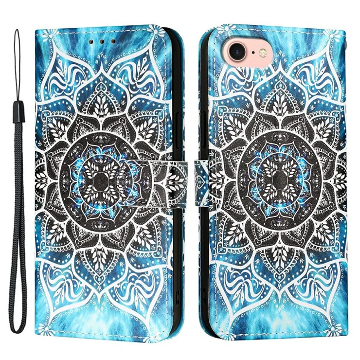 For iPhone 16e Leather Case with Strap and Card Holder Pattern Printing Phone Stand Cover - Mandala Flower