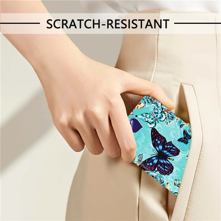 For iPhone 16e Leather Case with Strap and Card Holder Pattern Printing Phone Stand Cover - Butterfly and Heart