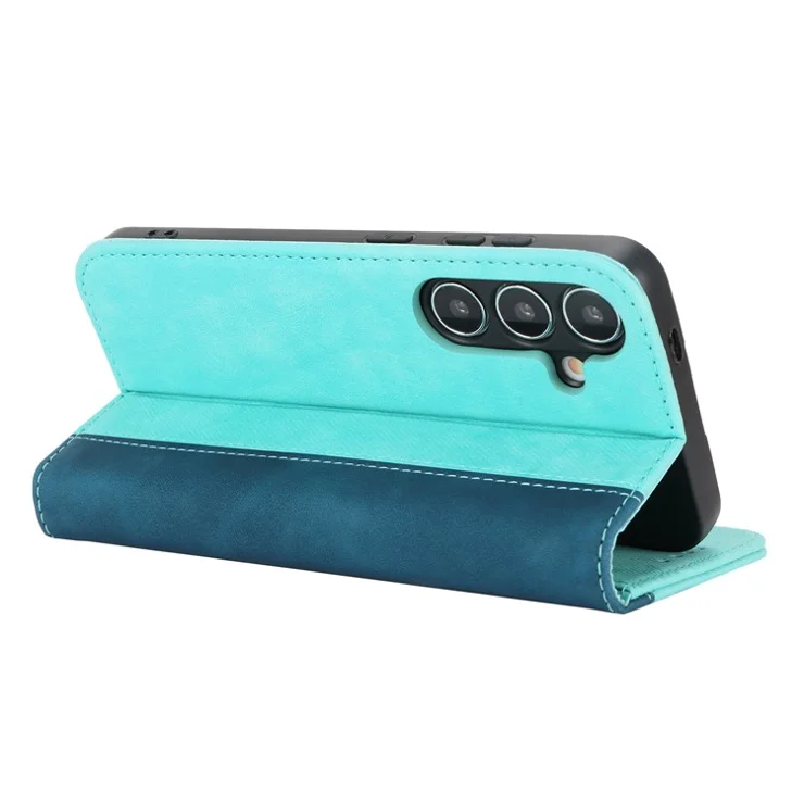 For Samsung Galaxy S24 Leather Case Color Splicing Wallet Calf Textured Phone Cover - Light Blue+Dark Blue