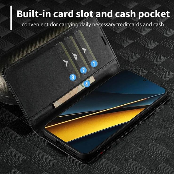 LC.IMEEKE For Xiaomi Poco X6 Pro 5G / Redmi K70E 5G Case PU Leather Carbon Fiber Texture Stand Folio Phone Cover - Horizontal Stripe