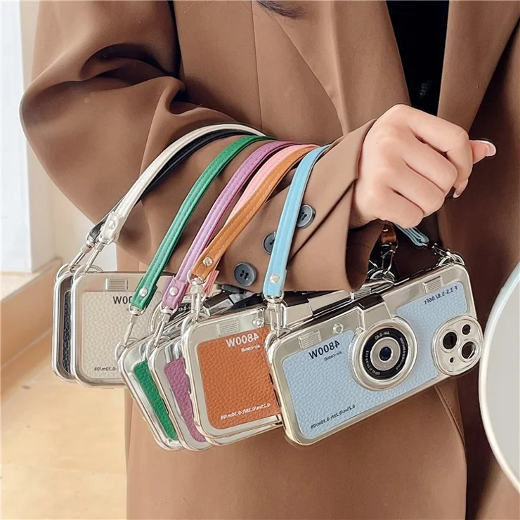For iPhone 14 Plus Case Electroplated Leather+TPU Cell Phone Cover with Strap Camera Design - White