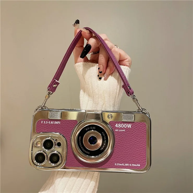 For iPhone 14 Pro Max Cases with Wrist Strap Electroplating Camera Shaped TPU Wholesale Phone Cover - Purple