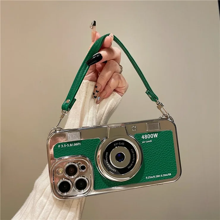 For iPhone 14 Pro Cases Electroplating Phone Cover with Wrist Strap Camera Shaped Design - Green