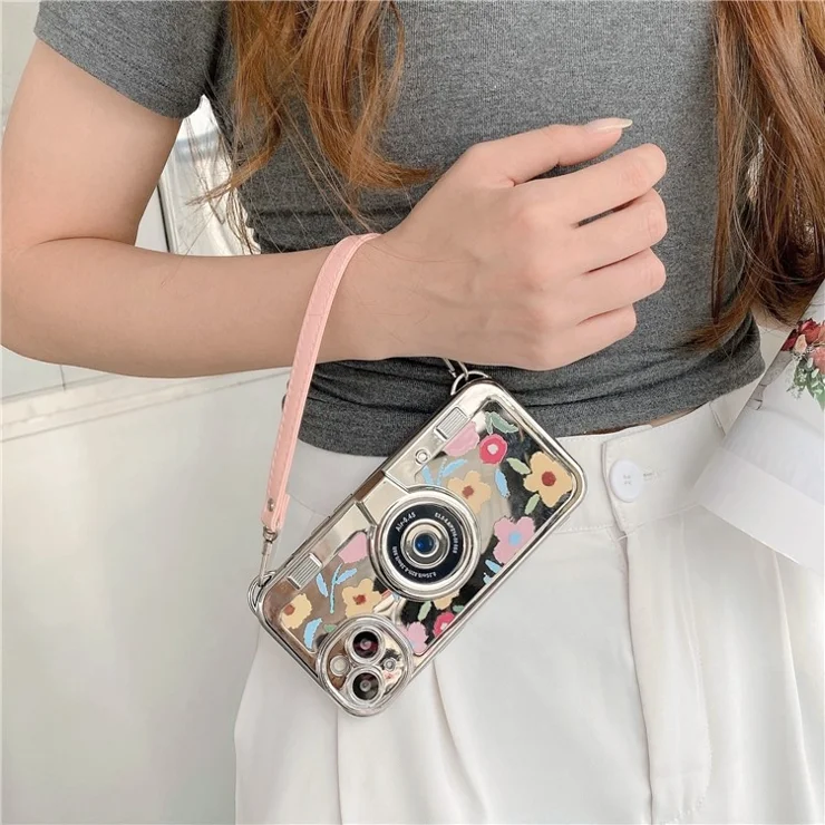 For iPhone 14 Cover Electroplating TPU Cell Phone Shell with Tote Strap Flower Pattern Camera Design - Yellow Flower