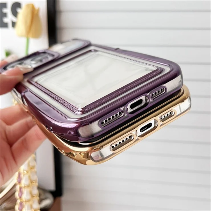For iPhone 14 Pro Case Clear TPU Electroplating Phone Back Shell with Crossbody Chain and Card Holder - Purple