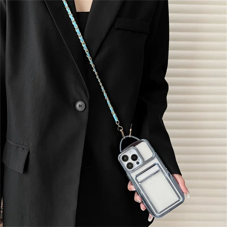 For iPhone 13 Pro Case with Card Holder TPU Electroplating Crossbody Phone Cover - Pink
