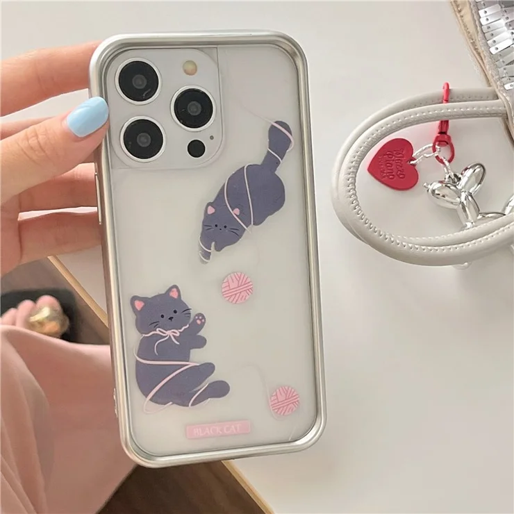 For iPhone 15 Pro Phone Cases Cat Pattern Electroplating Frame TPU Phone Cover - Blue and Pink Beads