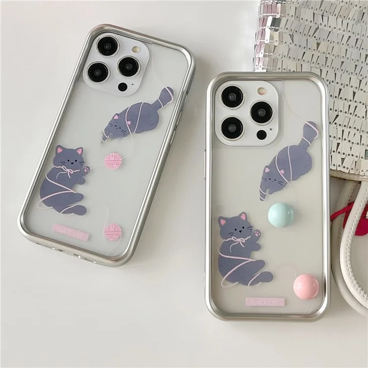 For iPhone 13 Pro TPU Case Cat Pattern Electroplating Frame Phone Cover - Pink Yarn Ball