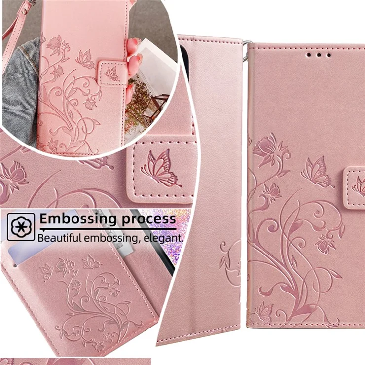 For iPhone 15 Pro Max Wallet Case Butterfly Flower Leather Phone Cover - Rose Gold