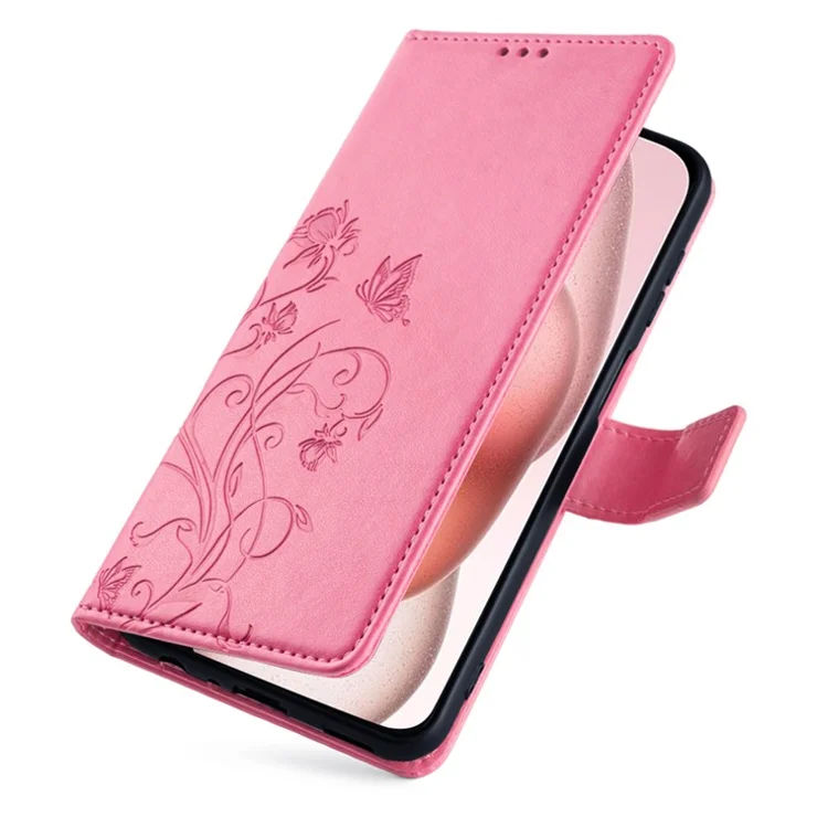 For iPhone 15 Case Butterfly Flower Imprinted Leather Phone Cover Mobile Accessories Wholesale - Pink