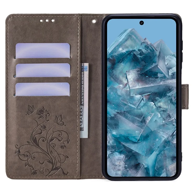 For Google Pixel 8 Pro Case PU Leather Butterfly Flower Imprinted Wallet Phone Folio Cover - Grey