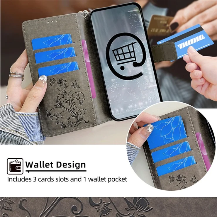 For Samsung Galaxy S24 Case PU Leather Wallet Cover Butterfly Flower Imprinted Shockproof Phone Shell - Grey