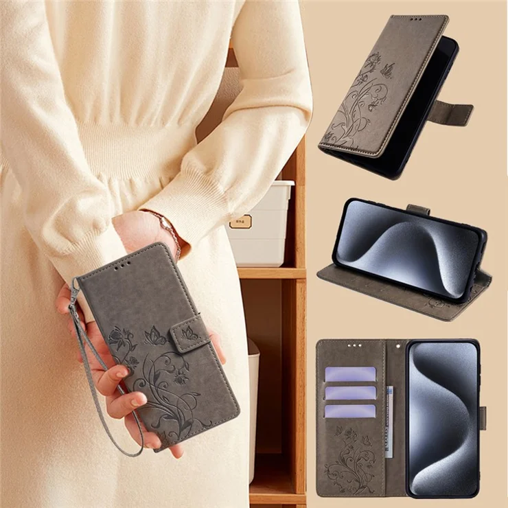 For Samsung Galaxy M14 5G Phone Case Butterfly Flower Imprinted Leather Flip Cover with Wrist Strap - Grey