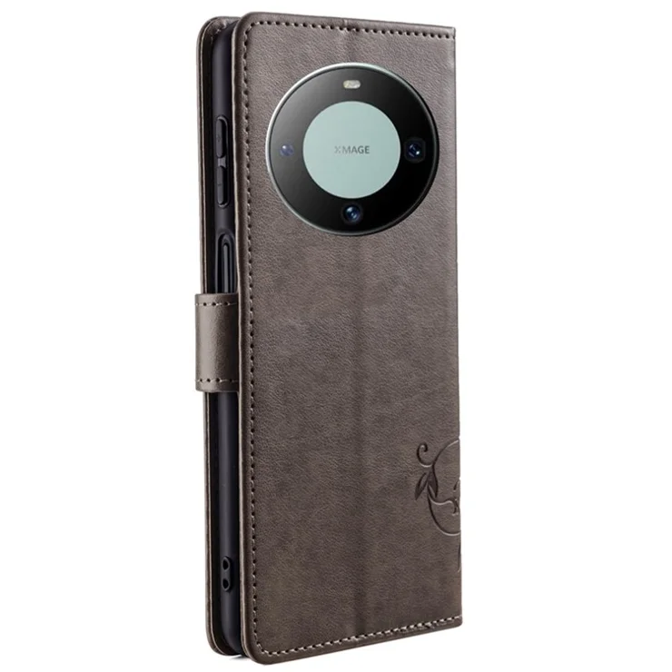 For Huawei Mate 60 Case Butterfly Flower PU Leather Stand Magnetic Protective Phone Cover with Strap - Grey