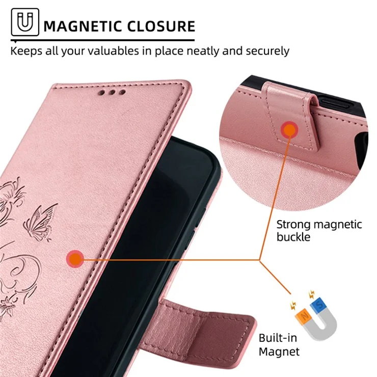 For Xiaomi Redmi A3/Poco C61 Case Card Slots Cover Butterfly Flower PU Leather Stand Phone Shell with Strap - Rose Gold