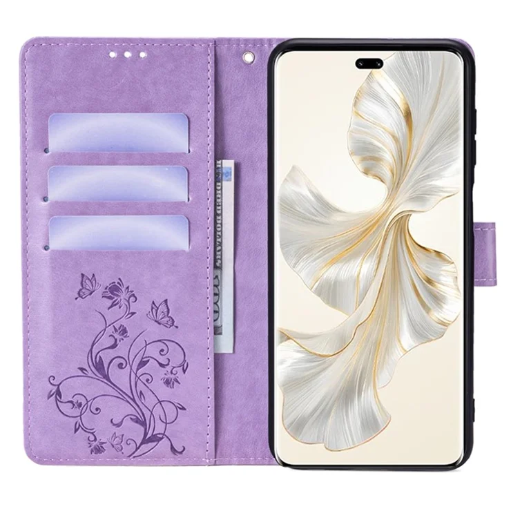 For Honor 100 Pro 5G Case Butterfly Flower PU Leather Magnetic Flip Stand Card Holders Phone Cover - Purple