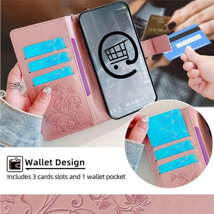 For Motorola Edge 40 Neo 5G Phone Case with Wrist Strap Butterfly Flower Imprinted Leather Flip Cover - Rose Gold