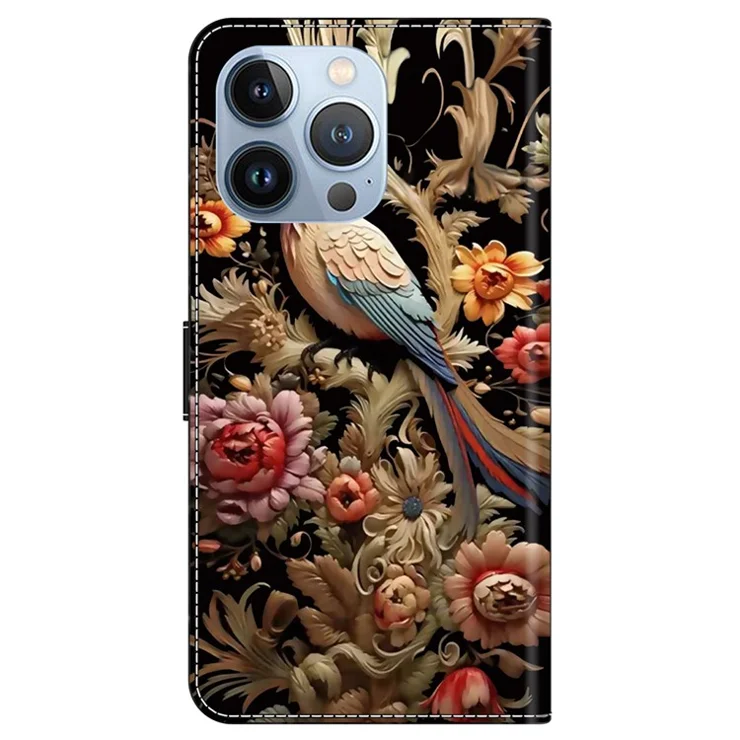 For iPhone 14 Pro Max Case Protective Leather Wallet Phone Cover - Vintage Flower and Bird