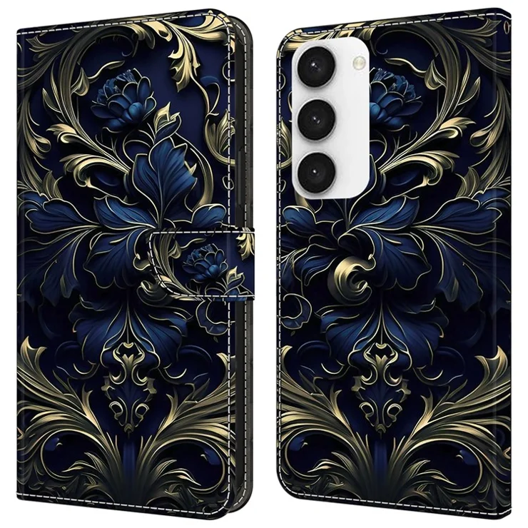 For Samsung Galaxy S23 Wallet Phone Case Pattern Printing Leather Cover Mobile Accessories Wholesale - Blue Flower
