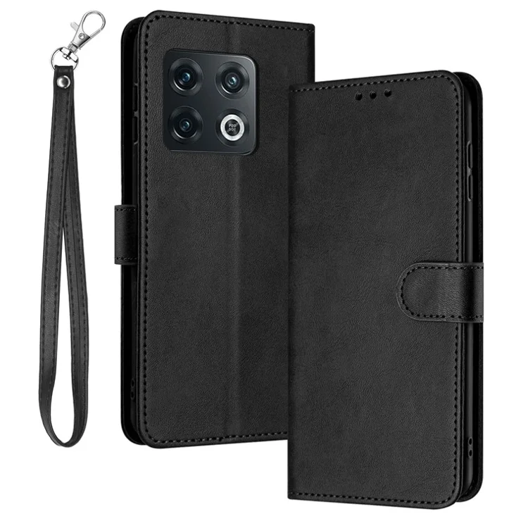 For OnePlus 10 Pro 5G Case TPU+PU Leather Flip Stand Cover Cell Phone Shell with Strap - Black