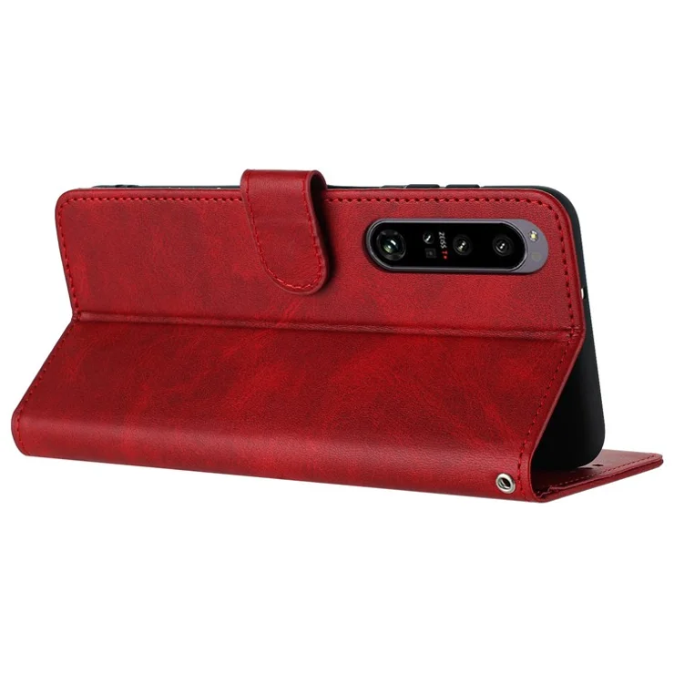 For Sony Xperia 1 IV 5G Stand Wallet PU Leather + TPU Case Calf Texture Phone Cover with Strap - Red