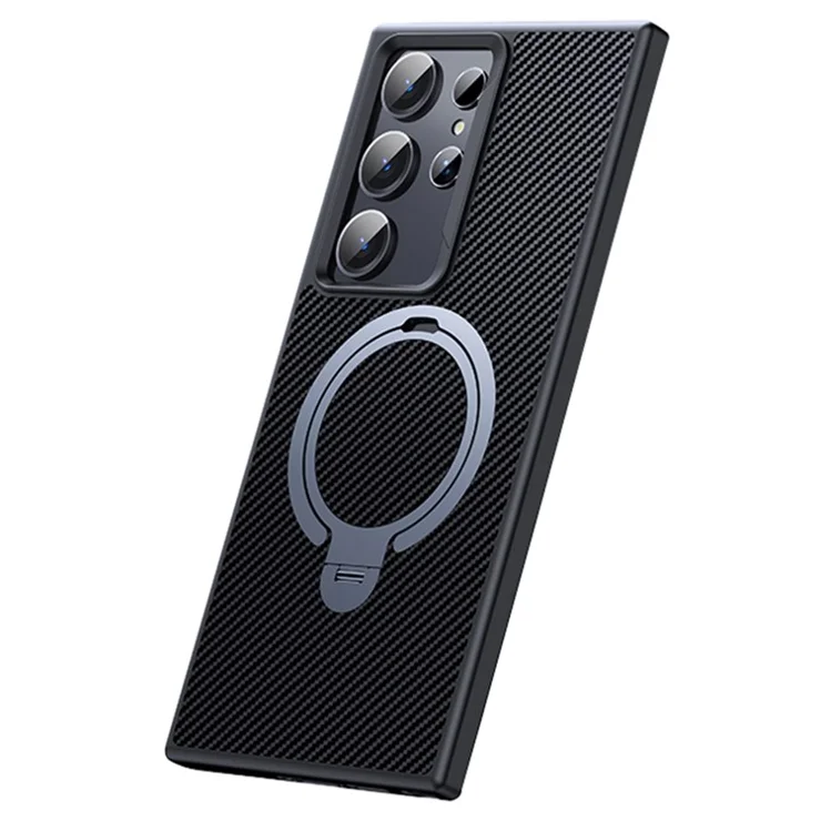 For Samsung Galaxy S23 Ultra Case Compatible with MagSafe Carbon Fiber Texture Kickstand PC+TPU Protective Cover - Grey