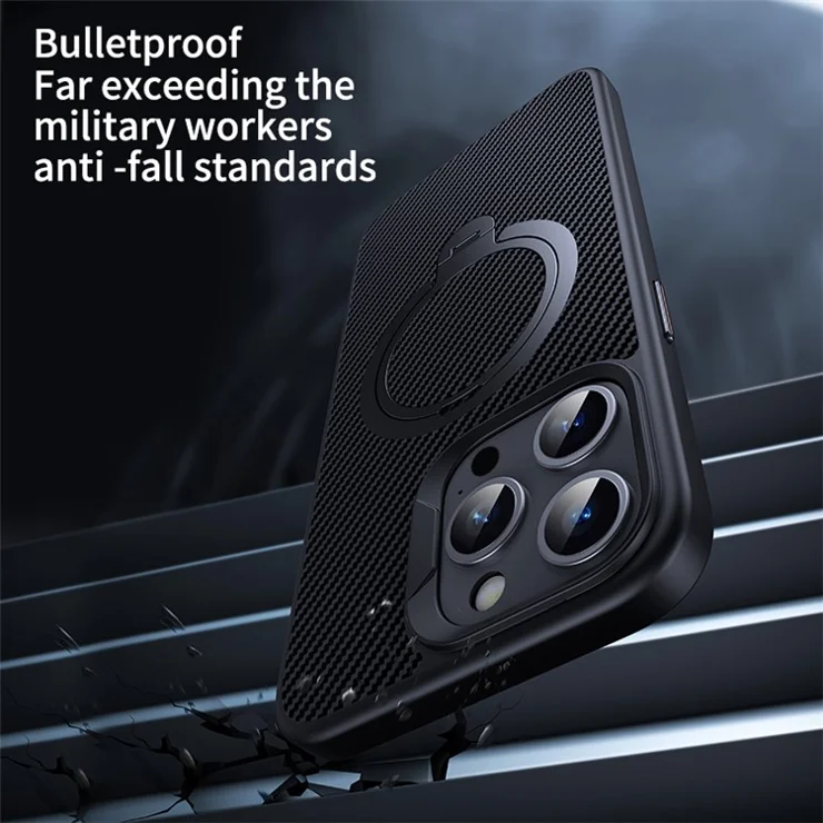 For iPhone 14 Pro Max Kickstand Case Carbon Fiber Texture PC+TPU Magnetic Phone Cover - Black