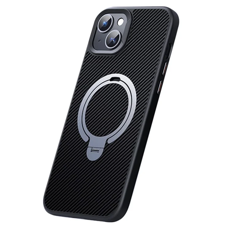 For iPhone 15 Case Carbon Fiber Texture Magnetic Ring Kickstand Anti-Scratch Phone Cover - Silver