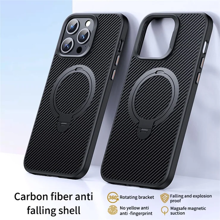 For iPhone 14 Pro Magnetic Case Carbon Fiber Texture Kickstand PC+TPU Phone Cover - Black