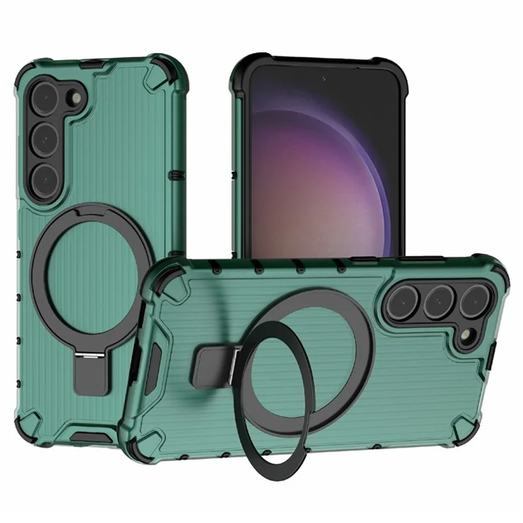 For Samsung Galaxy S23 Case PC+TPU Phone Shell Ring Kickstand Cover Compatible with MagSafe - Green