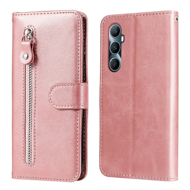For Realme C65 4G Case Calf Texture Zipper Pocket Folding Stand Cell Phone Cover - Pink