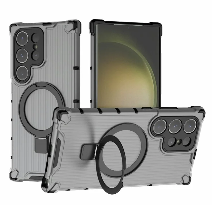 For Samsung Galaxy S23 Ultra Magnetic Phone Case Kickstand Stripe Design PC+TPU Cover - Grey
