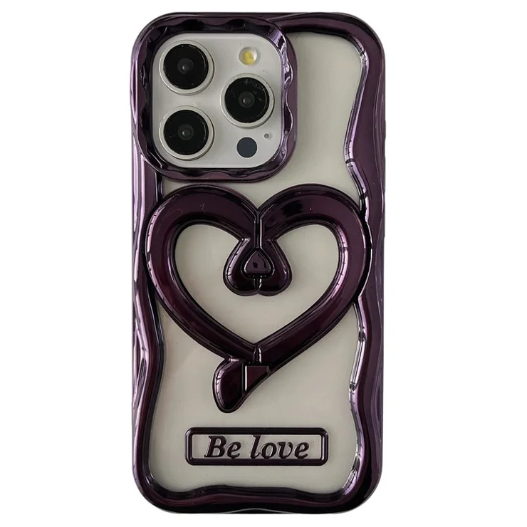 For iPhone 12 Pro Max Case Electroplated TPU Phone Cover Stylish Heart Kickstand - Purple