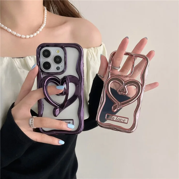 For iPhone 15 Pro Max TPU Cover Electroplating Clear Phone Case with PC Love Heart Kickstand - Purple