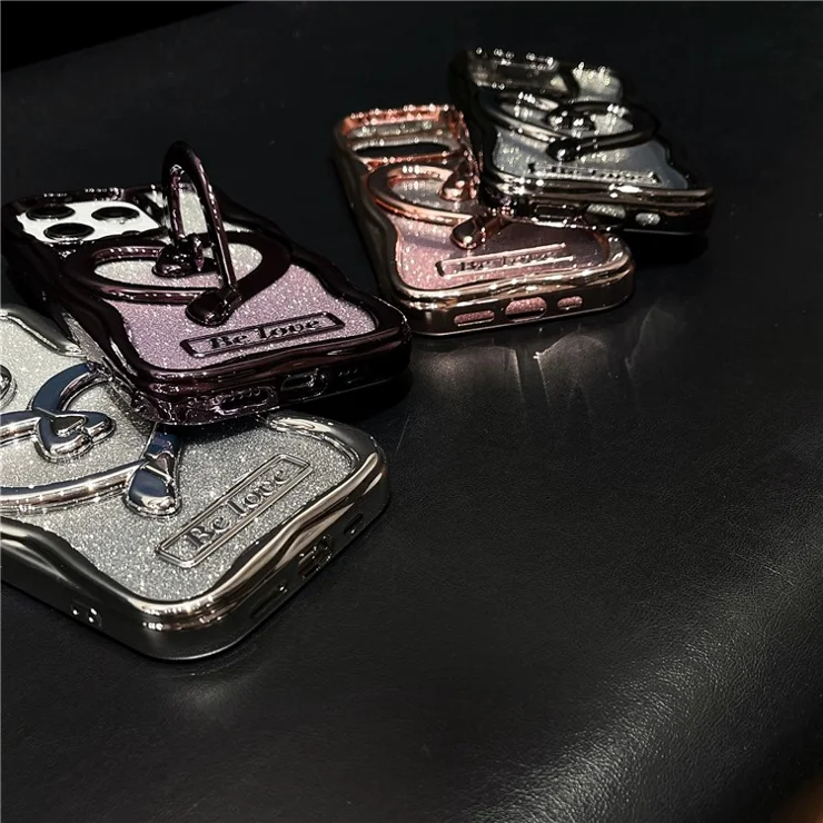 For iPhone 13 Pro Max 6.7 inch Case Electroplated TPU Clear Phone Kickstand Cover with Glitter Paper - Pink
