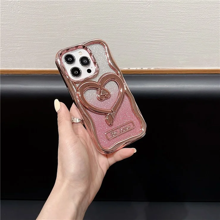 For iPhone 14 Pro Glitter Paper Phone Case Electroplated TPU Clear Cover with Kickstand - Pink